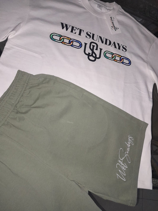 Strong Links Ladies Set "White/Green Embroidered Fleece Shorts" - Wet Sundays