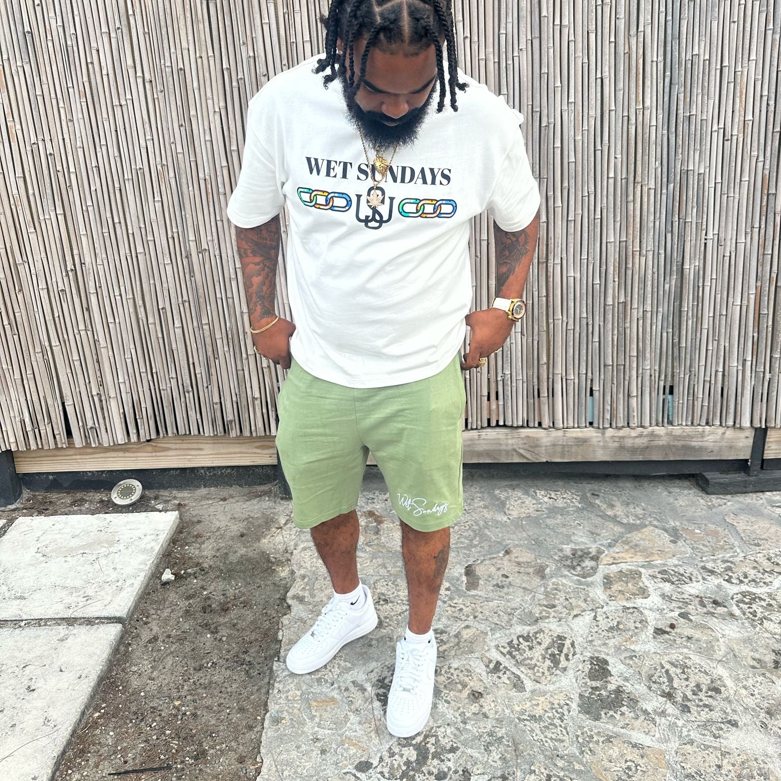 Strong Links Set "White/Green Fleece Embroidered Shorts" - Wet Sundays