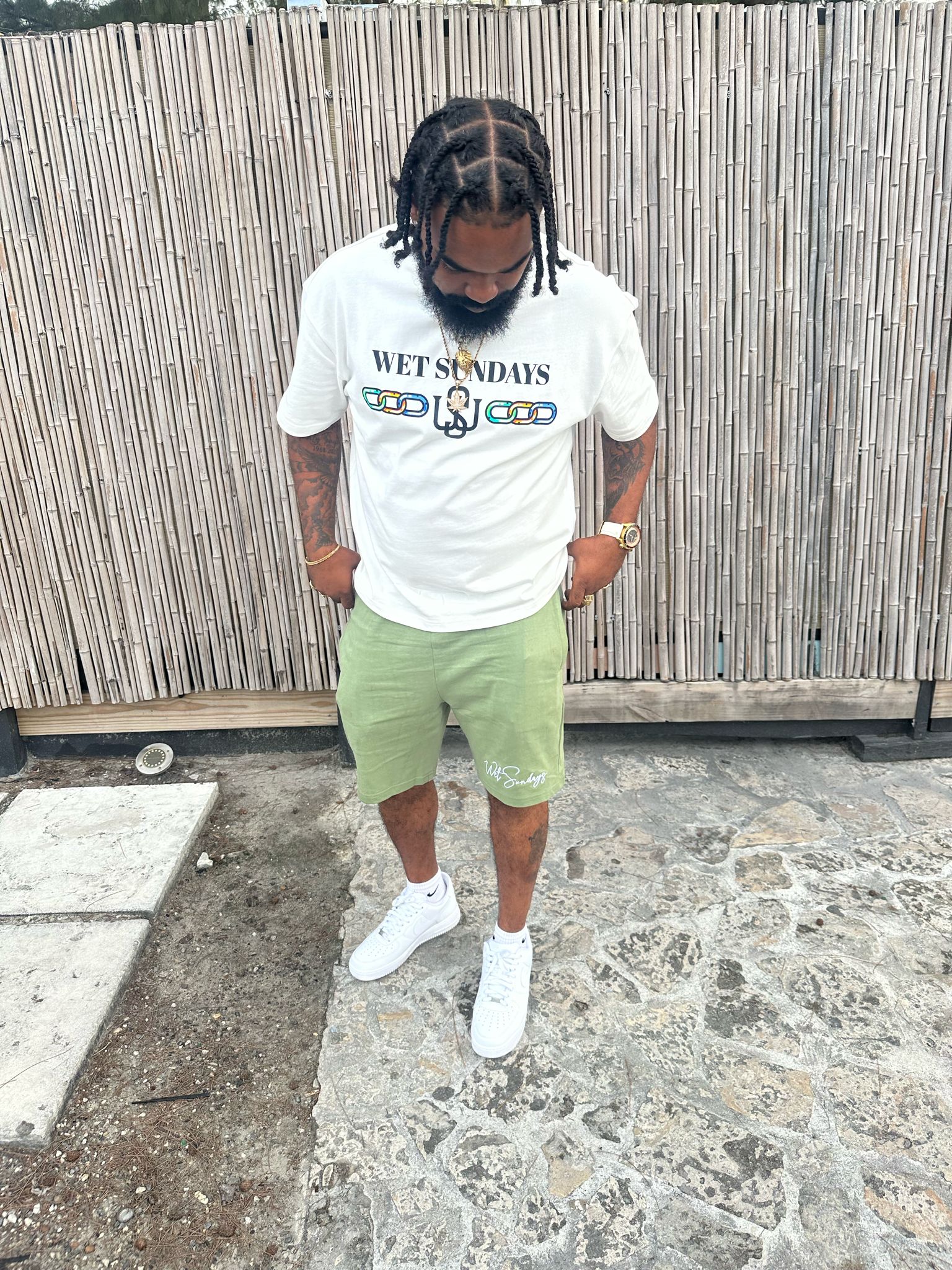 Strong Links Set "White/Green Fleece Embroidered Shorts" - Wet Sundays